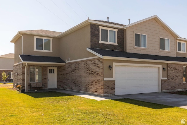 1485 W 350 N, Springville, UT 84663 - view of front of home with a garage, stucco siding, a front yard, and brick siding