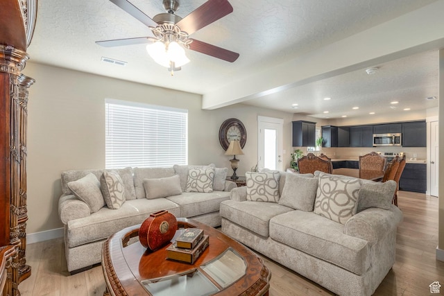 1485 W 350 N, Springville, UT 84663 - living room with baseboards, ceiling fan, light wood-style flooring, and visible vents