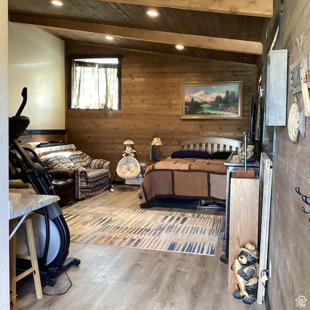 1528 E Valley View Dr, Manila, UT 84046 - bedroom with beam ceiling, wood walls, wood finished floors, and recessed lighting