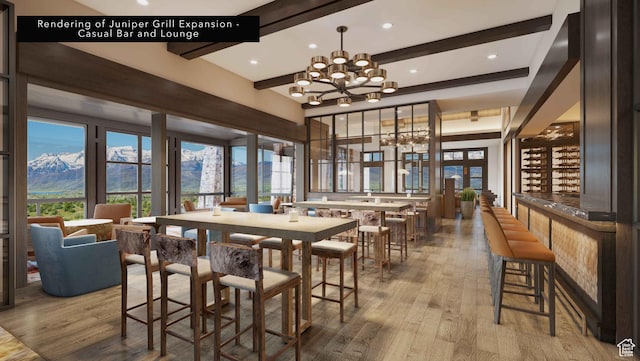 402 N Abajo Peak Way Unit Q-1, Heber City, UT 84032 - dining room with wood finished floors, beamed ceiling, a chandelier, a mountain view, and a community bar