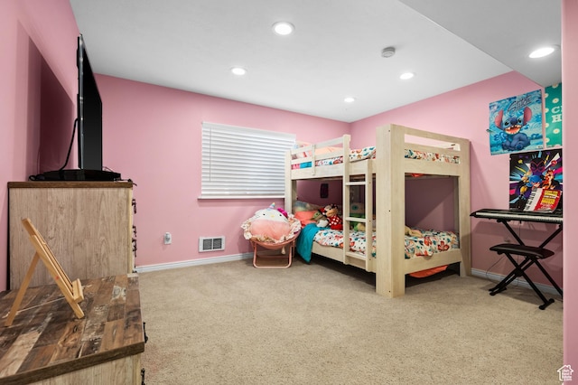 carpeted bedroom with baseboards, recessed lighting, and visible vents