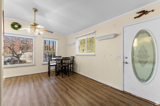 53 Pioneer Way, Hurricane, UT 84737 - dining room featuring lofted ceiling, wood finished floors, a ceiling fan, and ornamental molding
