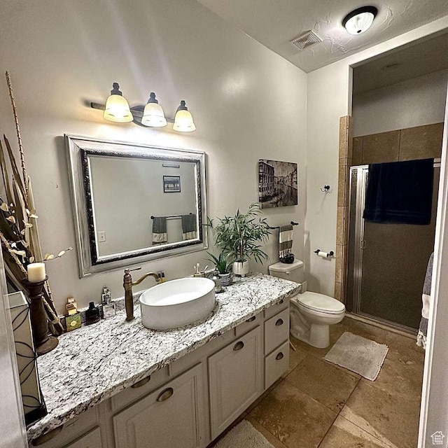 1350 E 600 S, Richfield, UT 84701 - bathroom featuring vanity, a stall shower, tile patterned floors, toilet, and visible vents