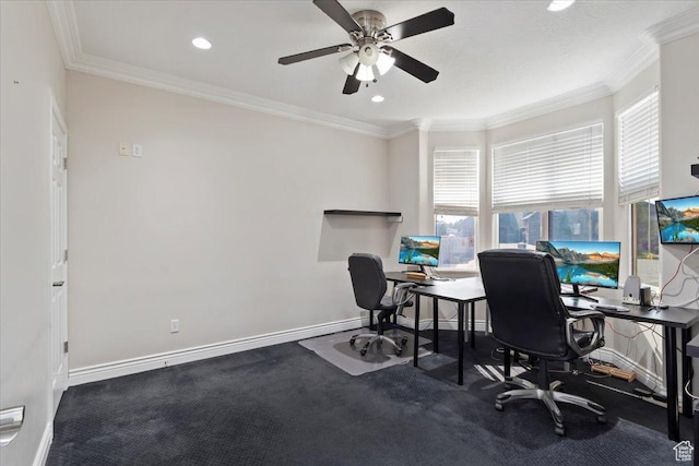 office space with crown molding, recessed lighting, ceiling fan, and baseboards