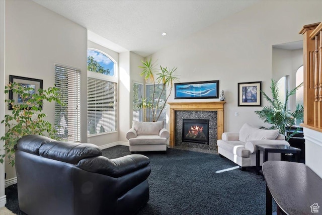 carpeted living area with a premium fireplace, baseboards, and a healthy amount of sunlight
