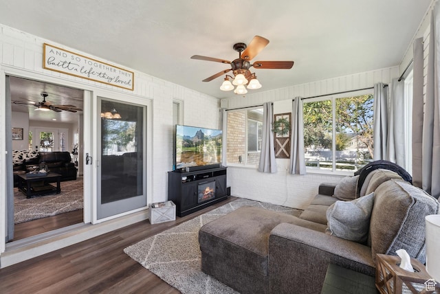 living room featuring ceiling fan, a wealth of natural light, and wood finished floors