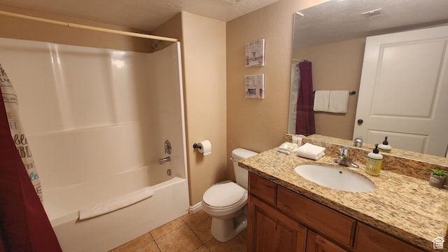 2511 Redcliff Rd Unit 1-E, Moab, UT 84532 - full bathroom with vanity, tile patterned floors, shower / bath combination with curtain, a textured ceiling, and toilet