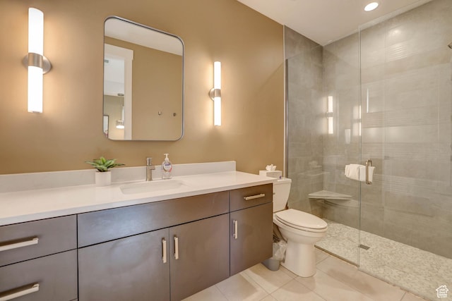 4971 S Cattail Way, Washington, UT 84780 - full bath with a shower stall, vanity, tile patterned flooring, recessed lighting, and toilet