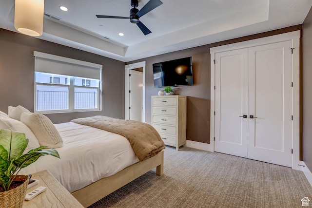 4971 S Cattail Way, Washington, UT 84780 - bedroom featuring a ceiling fan, visible vents, recessed lighting, light carpet, and a raised ceiling