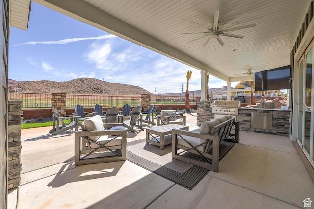 4971 S Cattail Way, Washington, UT 84780 - view of patio / terrace with a ceiling fan, grilling area, a mountain view, and fence