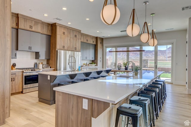 4971 S Cattail Way, Washington, UT 84780 - kitchen featuring light wood-style floors, visible vents, a large island, appliances with stainless steel finishes, and a sink
