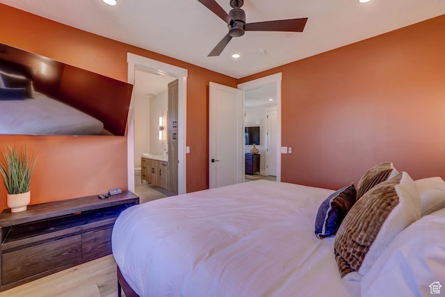 4971 S Cattail Way, Washington, UT 84780 - bedroom featuring light wood-style floors, ceiling fan, connected bathroom, and recessed lighting