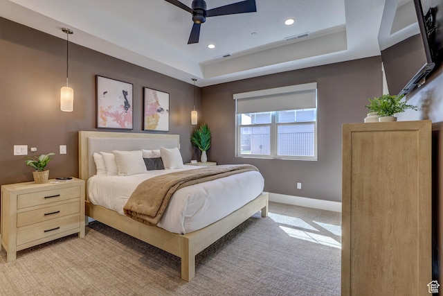 4971 S Cattail Way, Washington, UT 84780 - bedroom featuring light colored carpet, visible vents, recessed lighting, a raised ceiling, and baseboards