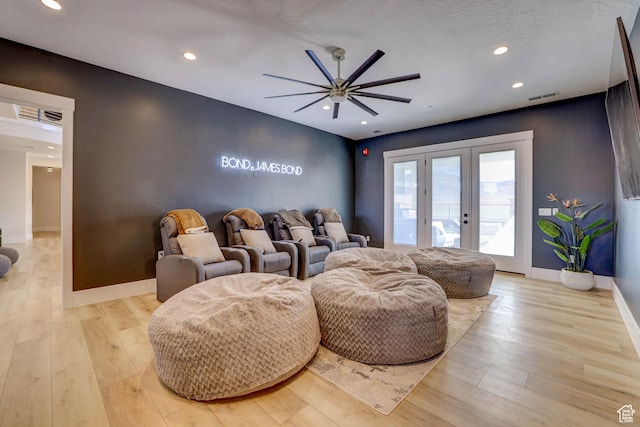 4971 S Cattail Way, Washington, UT 84780 - cinema featuring visible vents, baseboards, a ceiling fan, light wood-style floors, and french doors