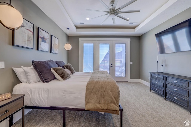 4971 S Cattail Way, Washington, UT 84780 - bedroom with french doors, visible vents, access to exterior, a raised ceiling, and light colored carpet