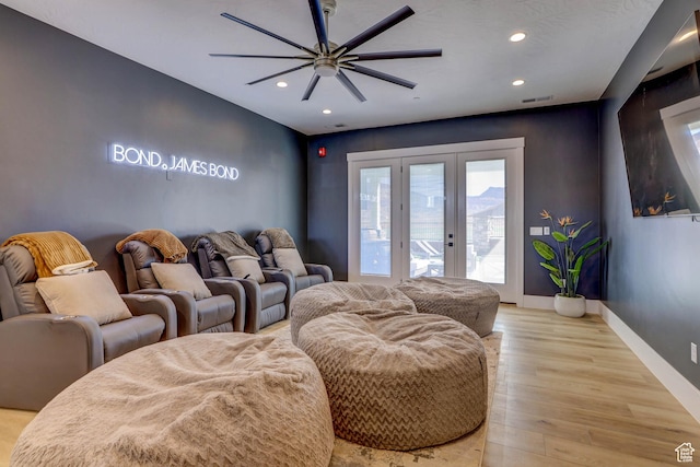 4971 S Cattail Way, Washington, UT 84780 - cinema room featuring baseboards, recessed lighting, french doors, light wood-style flooring, and a ceiling fan