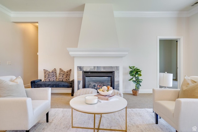 49 W Oberland Ct, Midway, UT 84049 - carpeted living area with crown molding, a fireplace, and baseboards