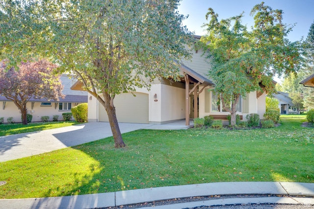 view of property hidden behind natural elements featuring stucco siding, an attached garage, driveway, and a front yard