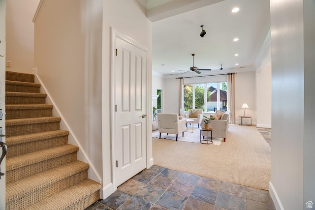 49 W Oberland Ct, Midway, UT 84049 - staircase with a ceiling fan, crown molding, recessed lighting, baseboards, and stone finish floors