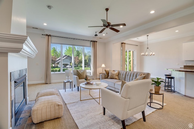 49 W Oberland Ct, Midway, UT 84049 - living room featuring a tile fireplace, a ceiling fan, recessed lighting, baseboards, and ornamental molding