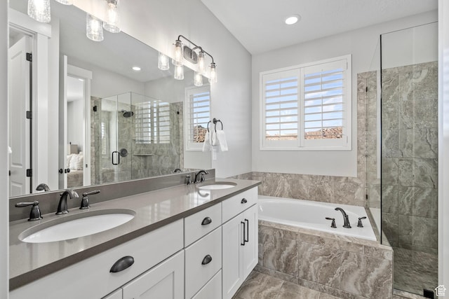 1007 S Weathervane Way, Heber City, UT 84032 - full bathroom with a garden tub, a sink, double vanity, and a stall shower