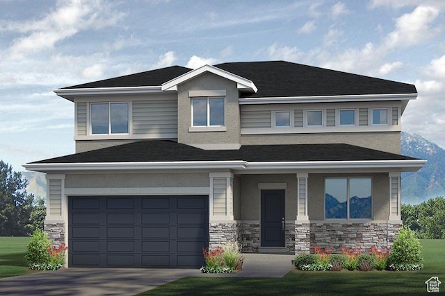 1777 S 3725th St W Unit 107, Taylor, UT 84401 - view of front of property with stone siding, an attached garage, driveway, and a shingled roof
