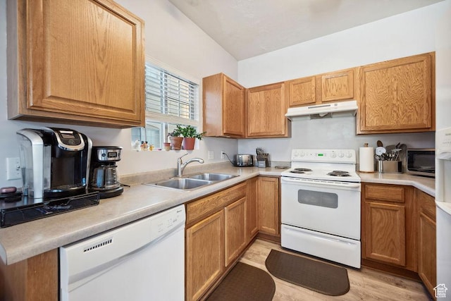 1898 W Pointe Meadow Loop, Lehi, UT 84043 - kitchen featuring white appliances, under cabinet range hood, a sink, light wood-type flooring, and light countertops