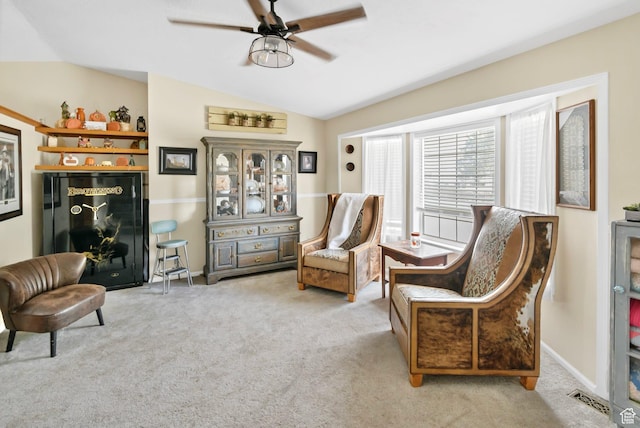 245 N 700 E, Richfield, UT 84701 - sitting room with ceiling fan, carpet, baseboards, and lofted ceiling