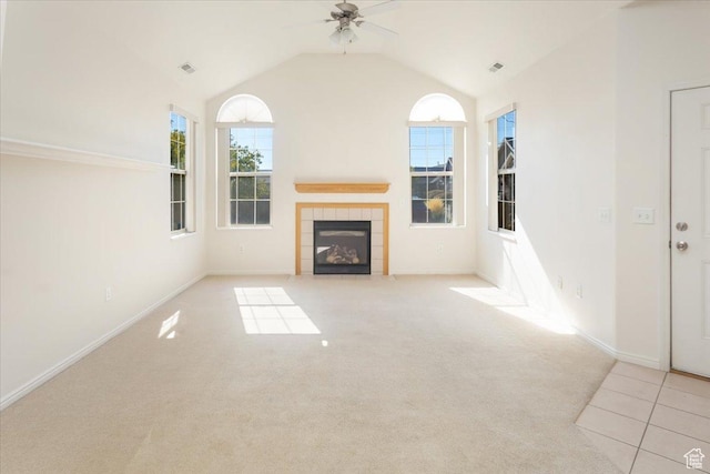 2896 W Abbey Springs Cir S, West Jordan, UT 84084 - unfurnished living room with a fireplace, carpet floors, a ceiling fan, and visible vents