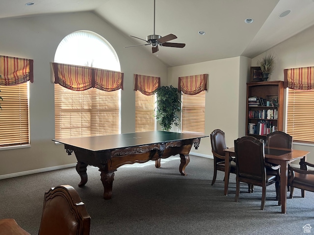 2896 W Abbey Springs Cir S, West Jordan, UT 84084 - rec room featuring lofted ceiling, baseboards, ceiling fan, and carpet floors