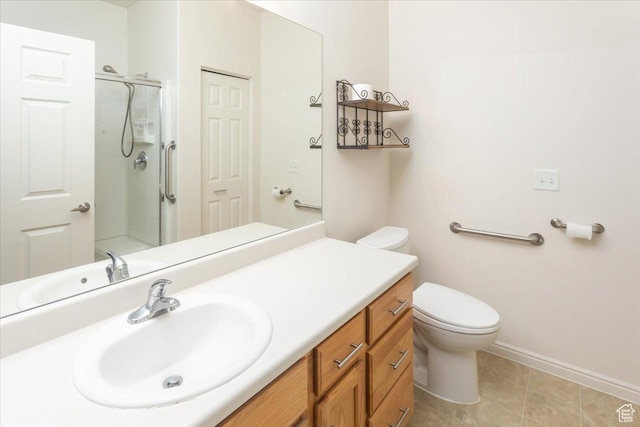 2896 W Abbey Springs Cir S, West Jordan, UT 84084 - bathroom featuring toilet, baseboards, a shower stall, tile patterned flooring, and vanity