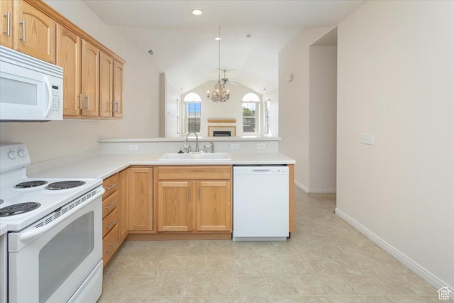 2896 W Abbey Springs Cir S, West Jordan, UT 84084 - kitchen with a peninsula, a sink, white appliances, light countertops, and a chandelier