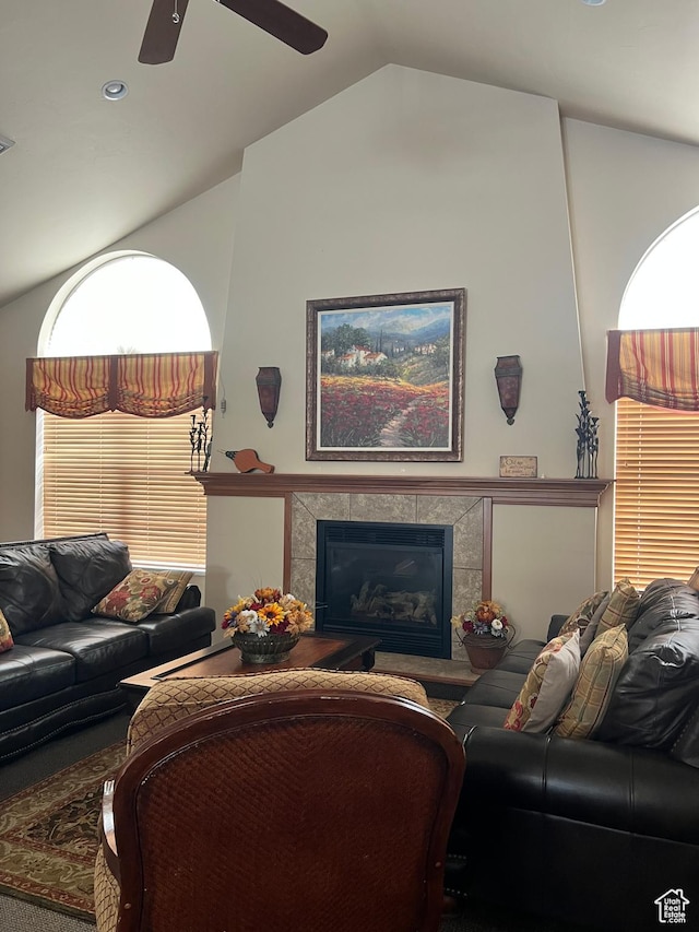 2896 W Abbey Springs Cir S, West Jordan, UT 84084 - living room with lofted ceiling, a tile fireplace, and ceiling fan