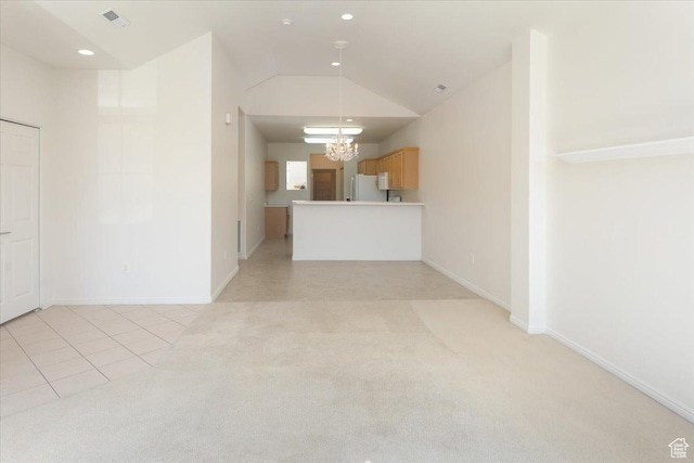 2896 W Abbey Springs Cir S, West Jordan, UT 84084 - unfurnished living room featuring lofted ceiling, light tile patterned flooring, visible vents, an inviting chandelier, and light carpet
