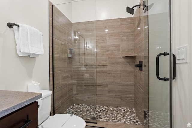 full bathroom with vanity, a stall shower, and toilet