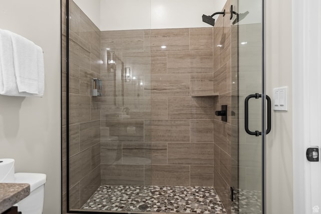 bathroom featuring toilet, a shower stall, and vanity