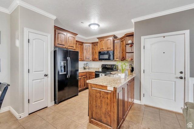 376 S 740 W Unit 102, Pleasant Grove, UT 84062 - kitchen featuring open shelves, black appliances, brown cabinets, light tile patterned floors, and a peninsula