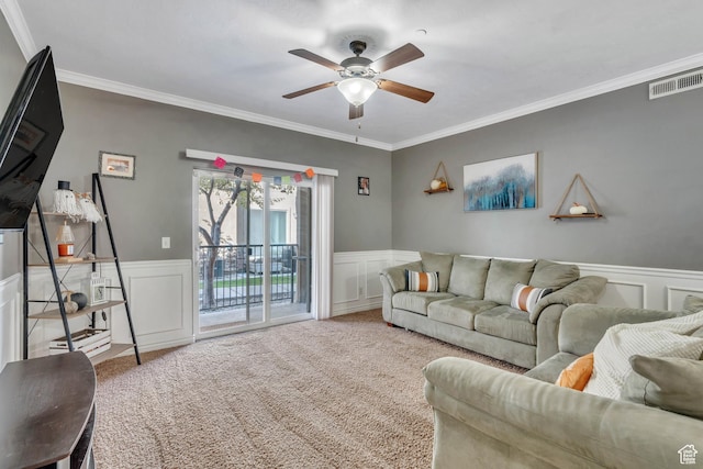 376 S 740 W Unit 102, Pleasant Grove, UT 84062 - living area featuring a decorative wall, crown molding, wainscoting, carpet, and visible vents