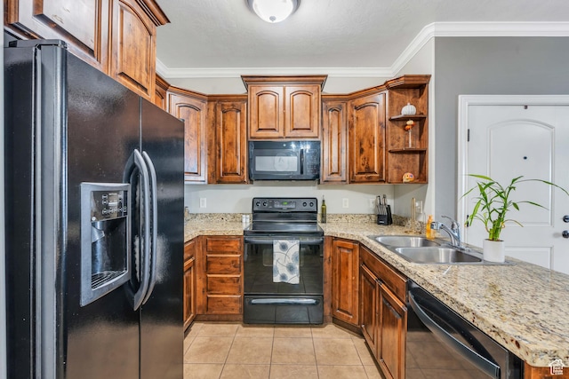 376 S 740 W Unit 102, Pleasant Grove, UT 84062 - kitchen with open shelves, crown molding, a sink, and black appliances