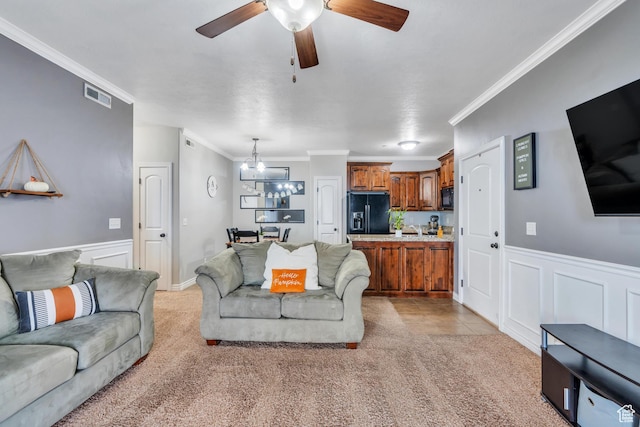 376 S 740 W Unit 102, Pleasant Grove, UT 84062 - living room featuring visible vents, ornamental molding, light carpet, and ceiling fan with notable chandelier