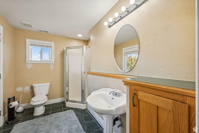8938 N Canyon Wash Dr, Eagle Mountain, UT 84005 - bathroom with visible vents, toilet, a shower stall, baseboards, and tile patterned floors