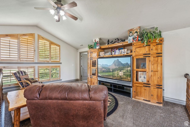 8938 N Canyon Wash Dr, Eagle Mountain, UT 84005 - living room with lofted ceiling, carpet flooring, ceiling fan, and baseboards