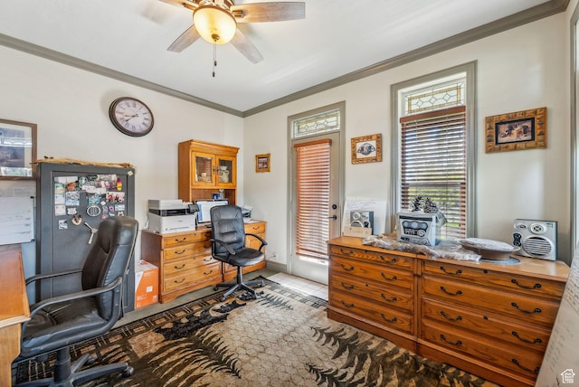 8938 N Canyon Wash Dr, Eagle Mountain, UT 84005 - office area featuring ceiling fan, baseboards, and crown molding