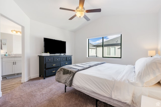 7152 N Brook Rdg, Eagle Mountain, UT 84005 - bedroom featuring light wood-type flooring, ensuite bath, ceiling fan, and lofted ceiling
