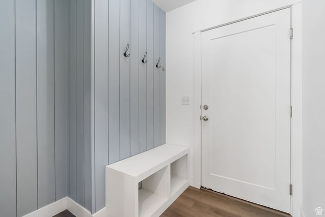7152 N Brook Rdg, Eagle Mountain, UT 84005 - mudroom with wood walls and dark hardwood / wood-style flooring