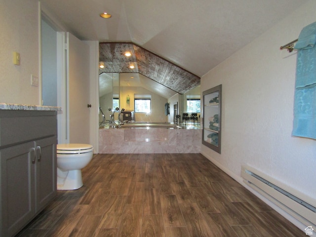 102 S Alpine Ln # A-4, Brian Head, UT 84719 - bathroom with vanity, lofted ceiling, toilet, a baseboard radiator, and hardwood / wood-style floors