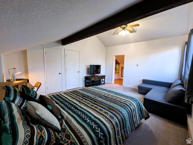 102 S Alpine Ln # A-4, Brian Head, UT 84719 - bedroom with a textured ceiling, ceiling fan, vaulted ceiling with beams, and light colored carpet