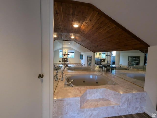 102 S Alpine Ln # A-4, Brian Head, UT 84719 - bathroom with lofted ceiling, a relaxing tiled tub, hardwood / wood-style floors, and wood ceiling