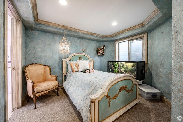 bedroom featuring crown molding, recessed lighting, a notable chandelier, and carpet floors