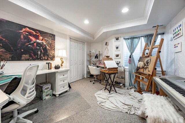 home office featuring crown molding, recessed lighting, and a tray ceiling